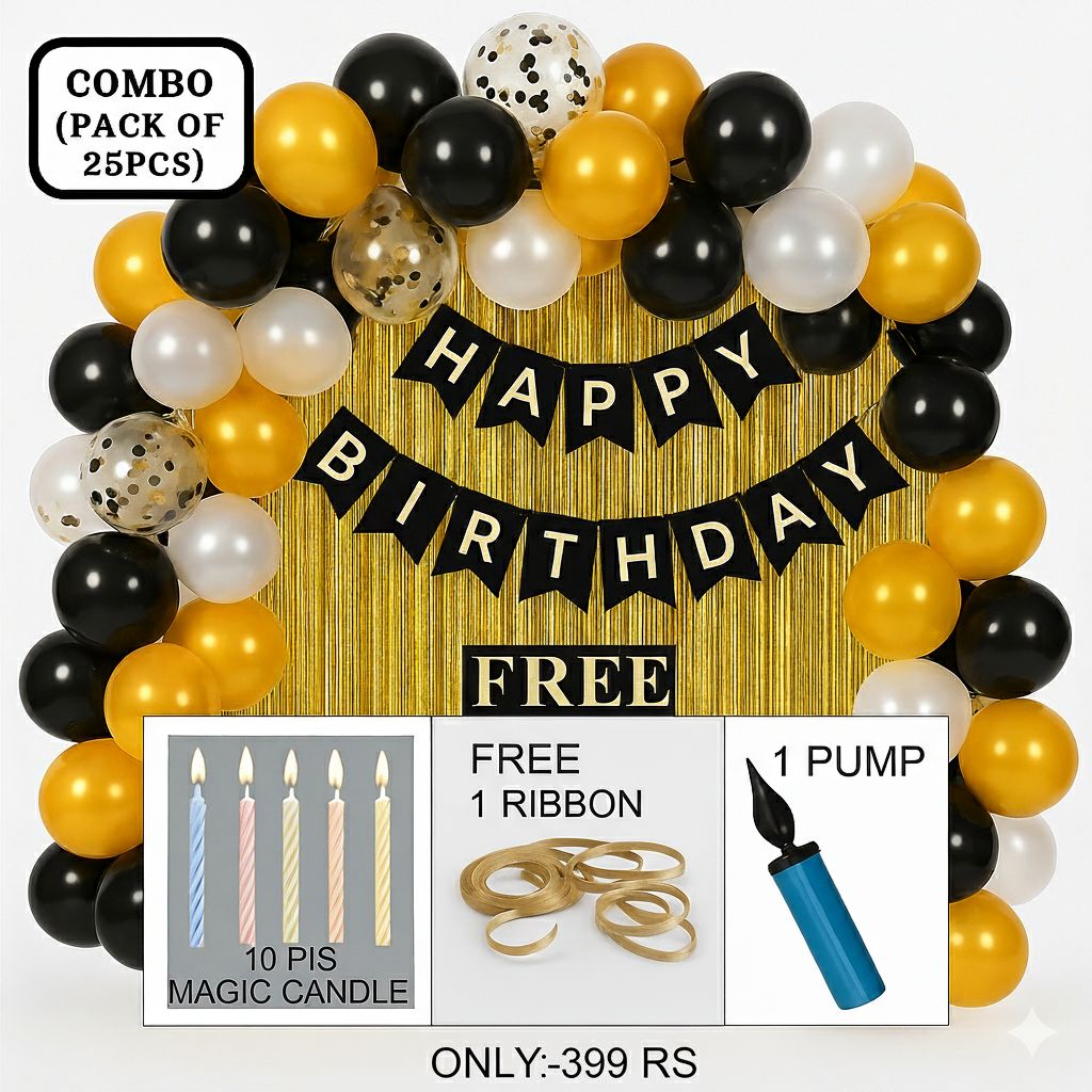 Happy birthday Combo Kit with Happy Birthday Black Banner + 2 Golden Curtain + Golden Black And White Hd Metallic Balloon Pack Of 20 + And Magic Candle+Ribben+Pump Free For Decoration Item