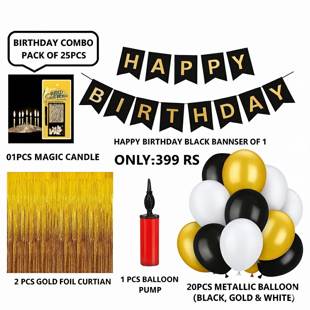 Happy birthday Combo Kit with Happy Birthday Black Banner + 2 Golden Curtain + Golden Black And White Hd Metallic Balloon Pack Of 20 + And Magic Candle+Ribben+Pump Free For Decoration Item