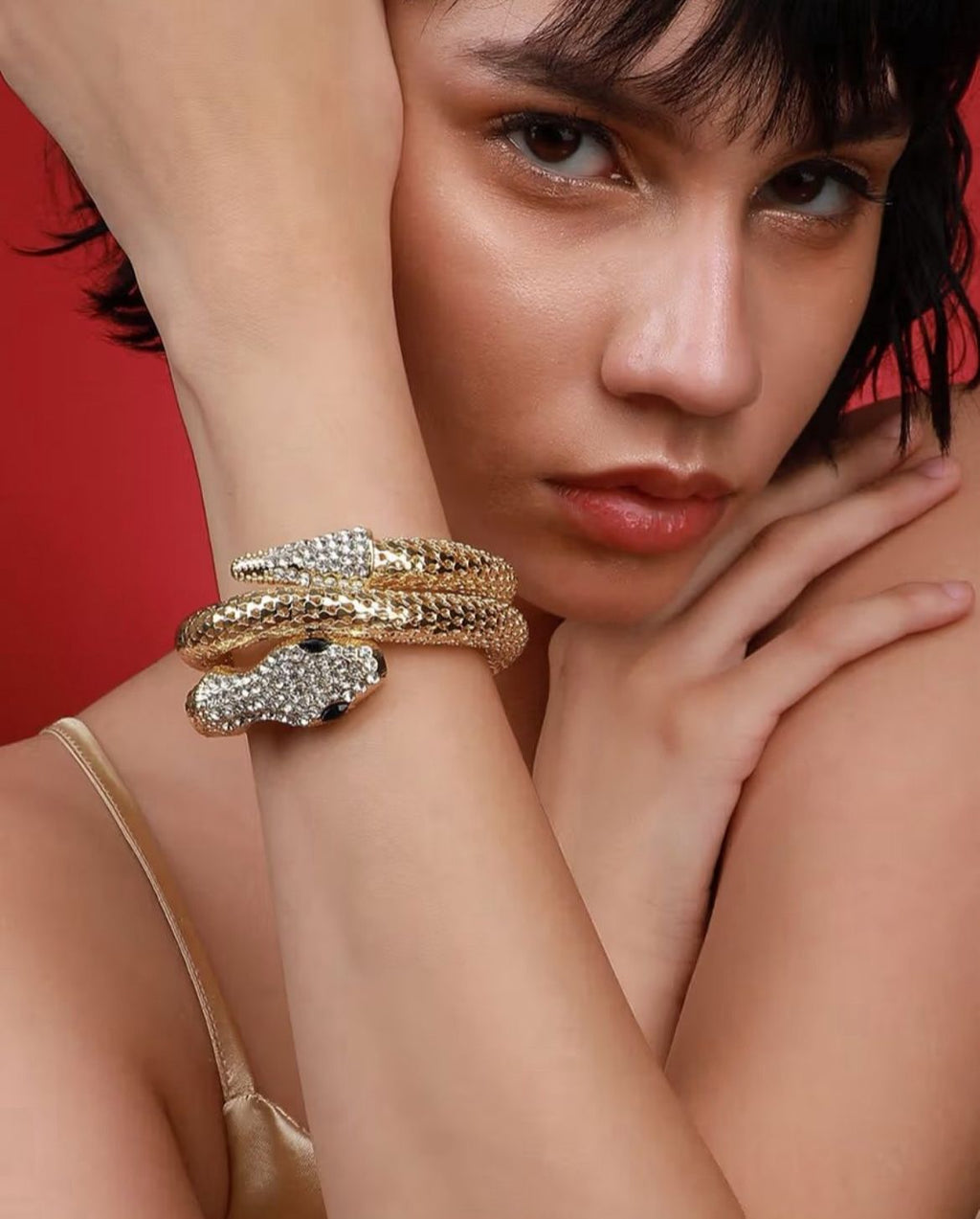 Gold Zircon Studded Snake Shaped Cuff Bracelet for Women and Girls